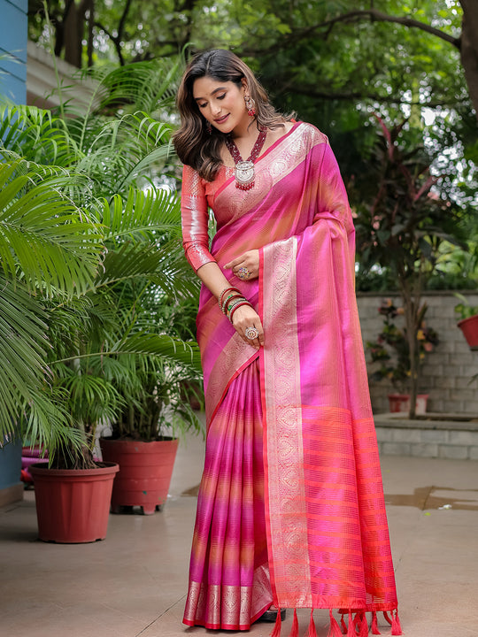 Pink Banarasi Silk Zari Woven Traditional Saree with Blouse