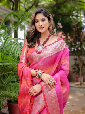 Pink Banarasi Silk Zari Woven Traditional Saree with Blouse