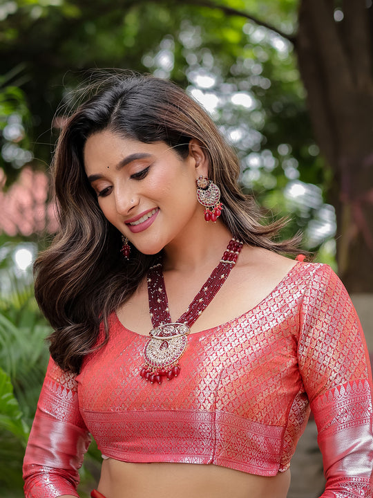 Pink Banarasi Silk Zari Woven Traditional Saree with Blouse