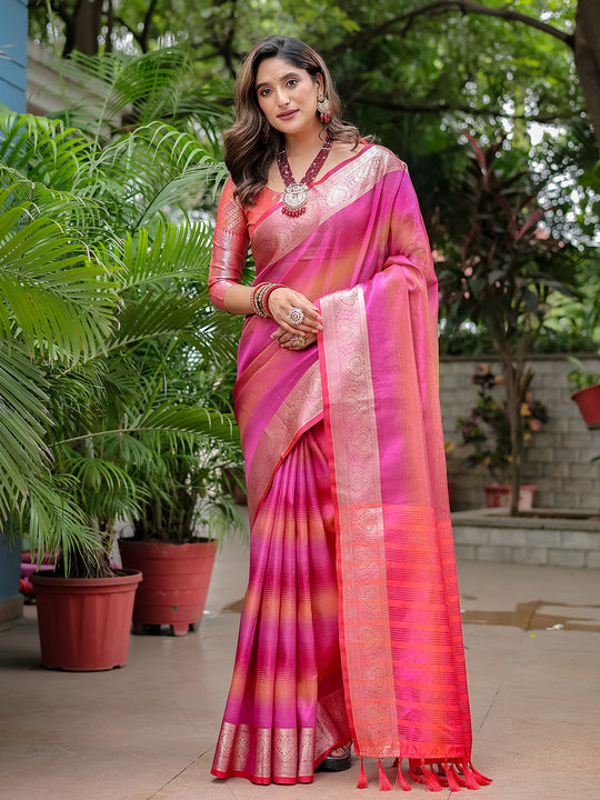 Pink Banarasi Silk Zari Woven Traditional Saree with Blouse