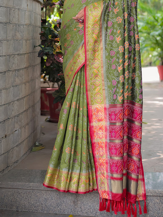 Olive Patola Silk Zari Woven Traditional Saree with Blouse