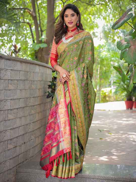 Olive Patola Silk Zari Woven Traditional Saree with Blouse