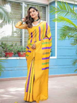 Yellow Semi Kanjivaram Pattu Silk Zari Woven Traditional Saree with Blouse