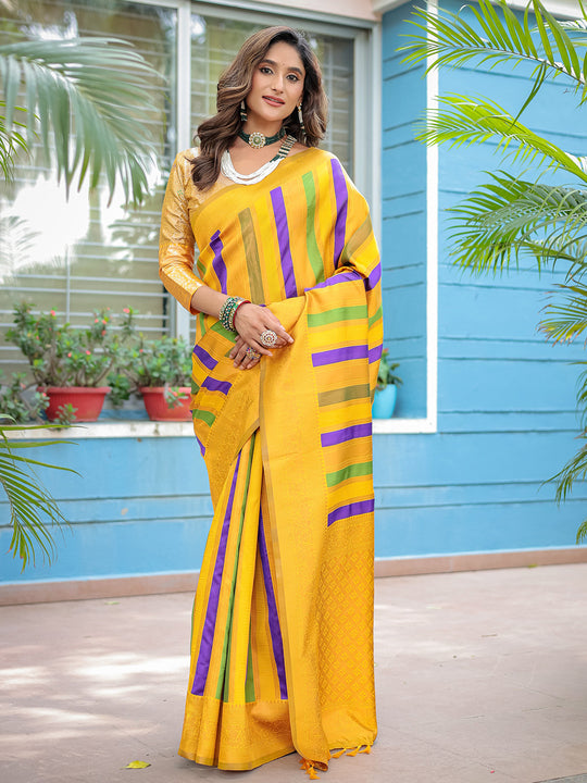 Yellow Semi Kanjivaram Pattu Silk Zari Woven Traditional Saree with Blouse