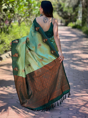 Sea Green Banarasi Silk Zari Woven Traditional Saree with Blouse
