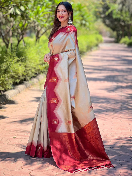 Cream Banarasi Silk Zari Woven Traditional Saree with Blouse