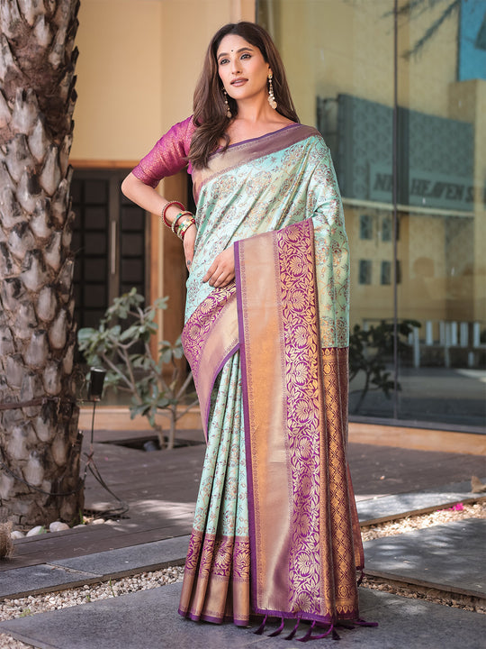 Turquoise Dharmavaram Silk Zari Woven Traditional Saree with Blouse