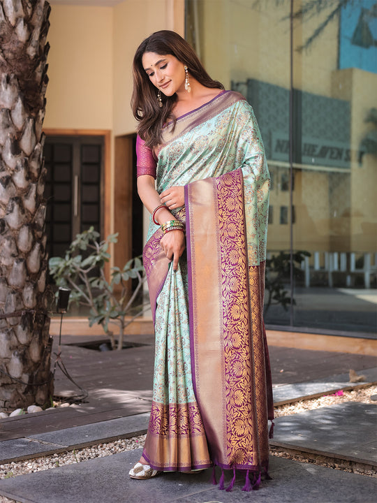 Turquoise Dharmavaram Silk Zari Woven Traditional Saree with Blouse
