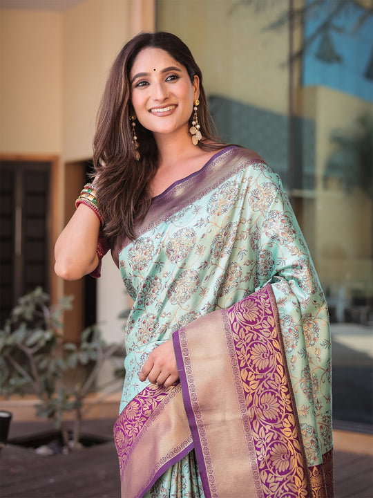 Turquoise Dharmavaram Silk Zari Woven Traditional Saree with Blouse