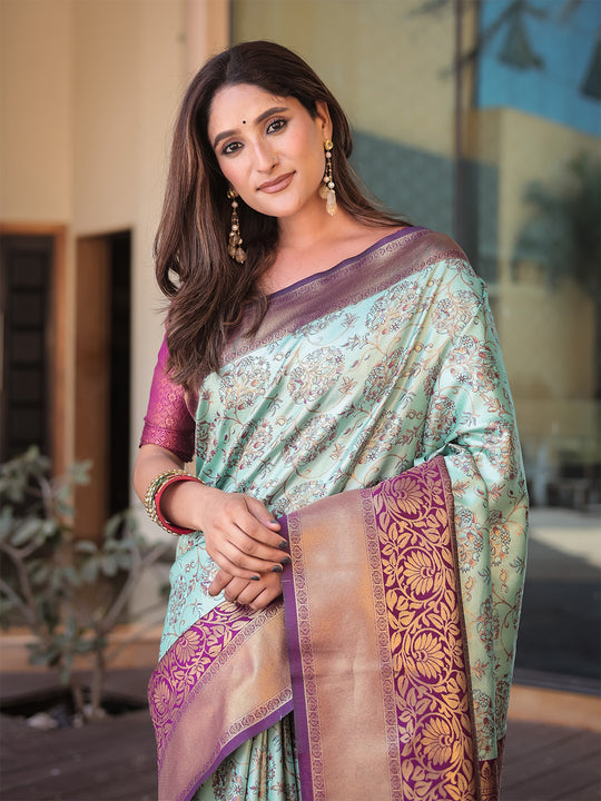 Turquoise Dharmavaram Silk Zari Woven Traditional Saree with Blouse