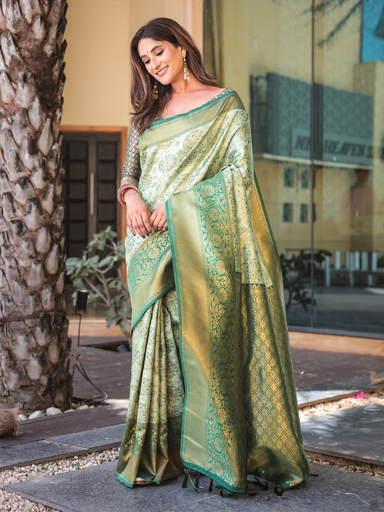 Pista Dharmavaram Silk Zari Woven Traditional Saree with Blouse