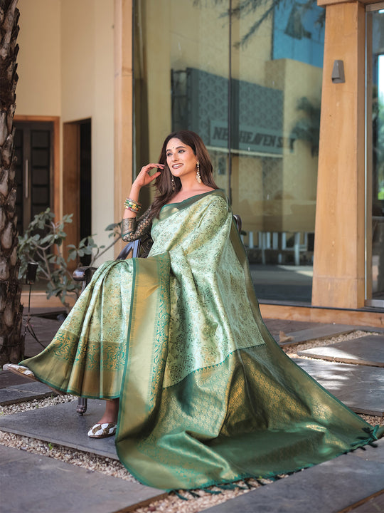 Pista Dharmavaram Silk Zari Woven Traditional Saree with Blouse