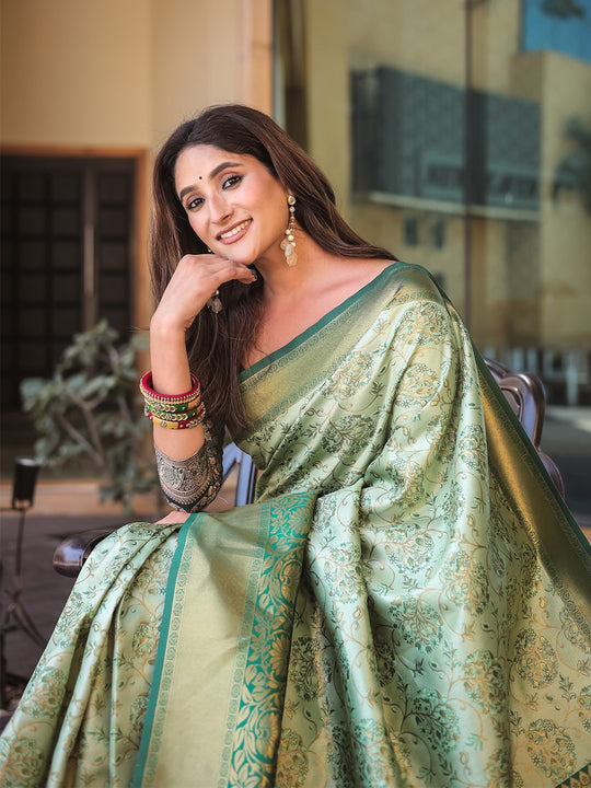 Pista Dharmavaram Silk Zari Woven Traditional Saree with Blouse