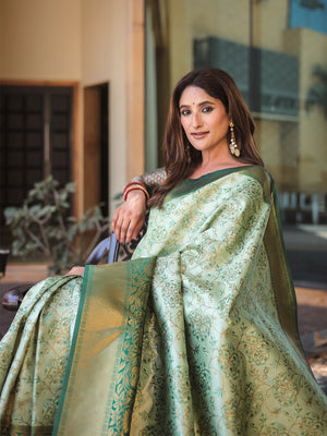 Pista Dharmavaram Silk Zari Woven Traditional Saree with Blouse