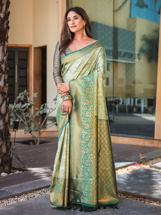 Pista Dharmavaram Silk Zari Woven Traditional Saree with Blouse