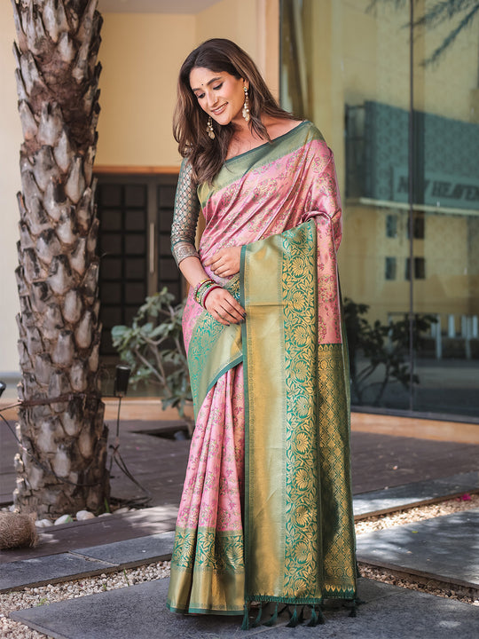 Baby Pink Dharmavaram Silk Zari Woven Traditional Saree with Blouse