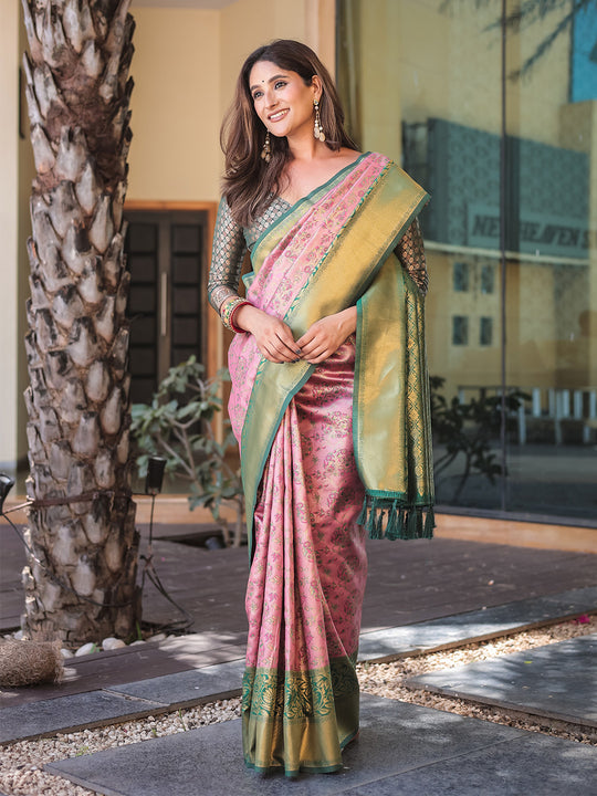 Baby Pink Dharmavaram Silk Zari Woven Traditional Saree with Blouse
