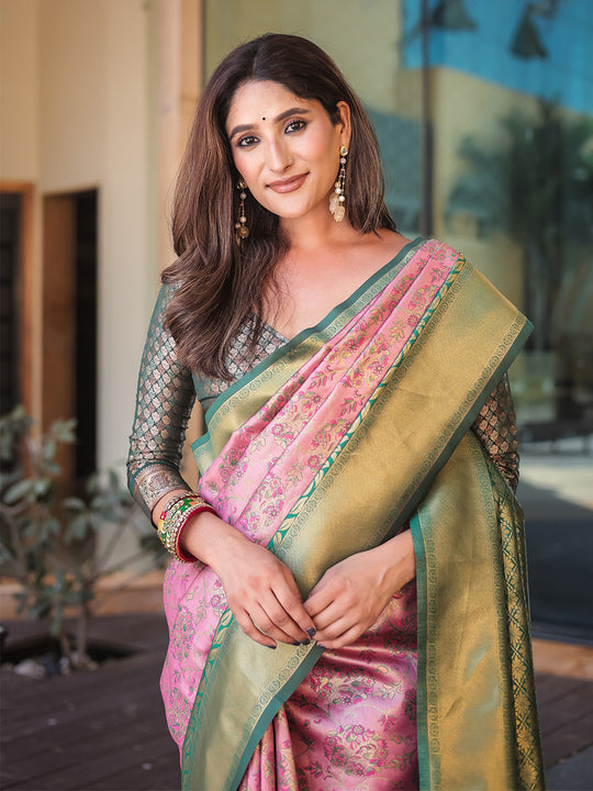 Baby Pink Dharmavaram Silk Zari Woven Traditional Saree with Blouse