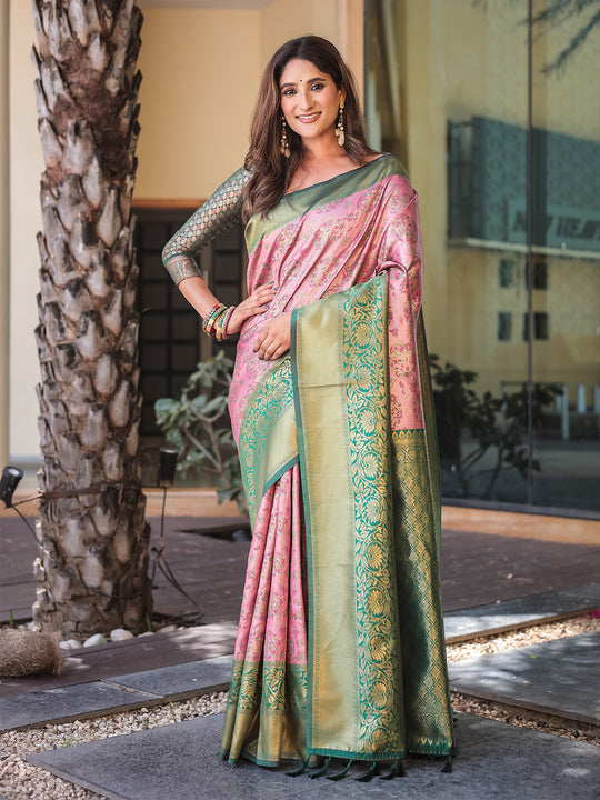 Baby Pink Dharmavaram Silk Zari Woven Traditional Saree with Blouse