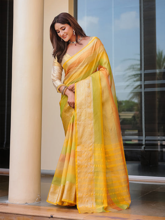 Yellow Banarasi Handloom Silk Zari Woven Traditional Saree with Blouse