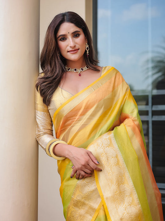 Yellow Banarasi Handloom Silk Zari Woven Traditional Saree with Blouse