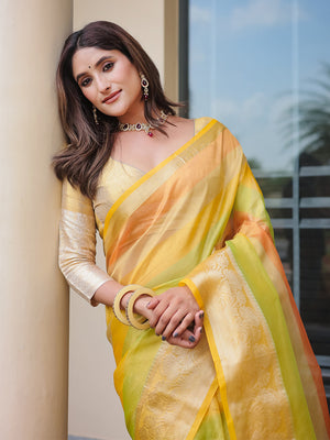 Yellow Banarasi Handloom Silk Zari Woven Traditional Saree with Blouse
