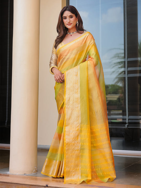 Yellow Banarasi Handloom Silk Zari Woven Traditional Saree with Blouse
