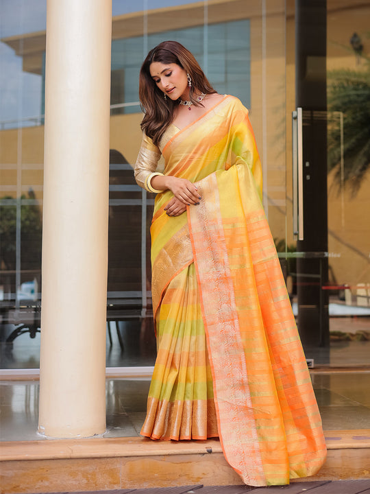 Orange Banarasi Handloom Silk Zari Woven Traditional Saree with Blouse