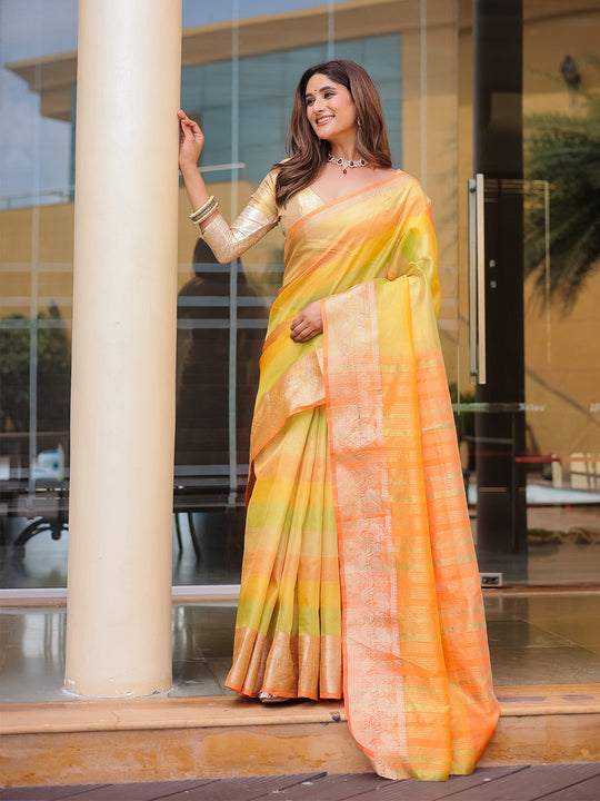 Orange Banarasi Handloom Silk Zari Woven Traditional Saree with Blouse