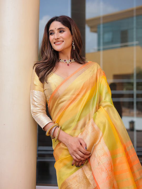 Orange Banarasi Handloom Silk Zari Woven Traditional Saree with Blouse