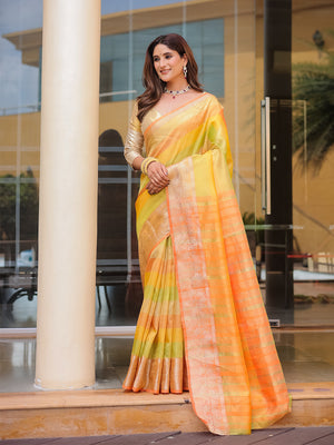 Orange Banarasi Handloom Silk Zari Woven Traditional Saree with Blouse
