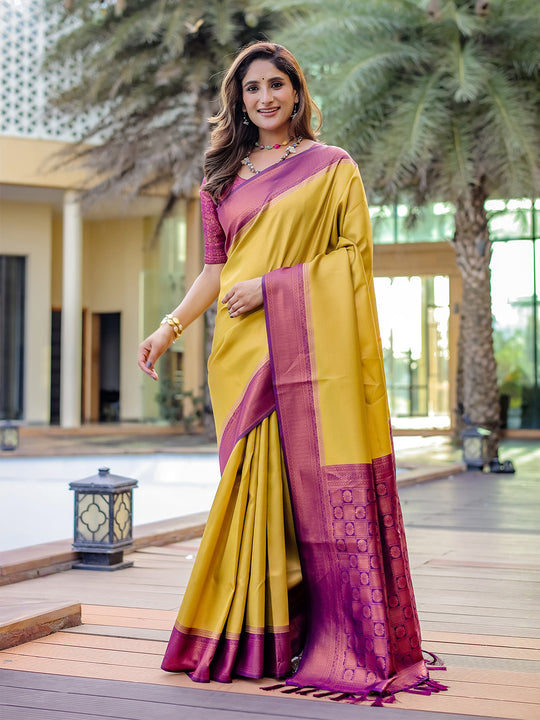 Yellow Kanjivaram Silk Zari Woven Traditional Saree with Blouse