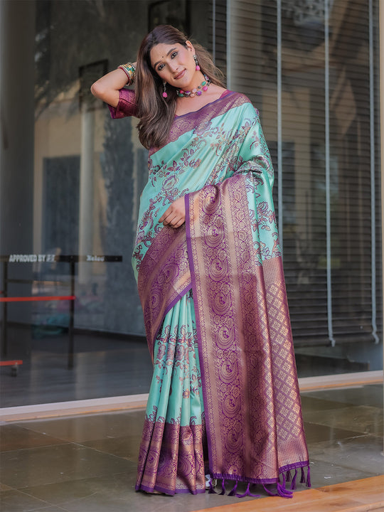 Turquoise Dharmavaram Silk Zari Woven Traditional Saree with Blouse