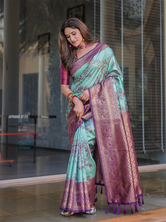 Turquoise Dharmavaram Silk Zari Woven Traditional Saree with Blouse