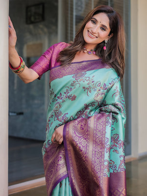 Turquoise Dharmavaram Silk Zari Woven Traditional Saree with Blouse