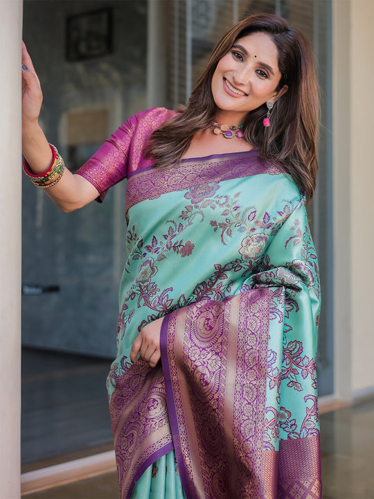 Turquoise Dharmavaram Silk Zari Woven Traditional Saree with Blouse
