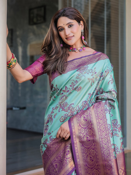 Turquoise Dharmavaram Silk Zari Woven Traditional Saree with Blouse