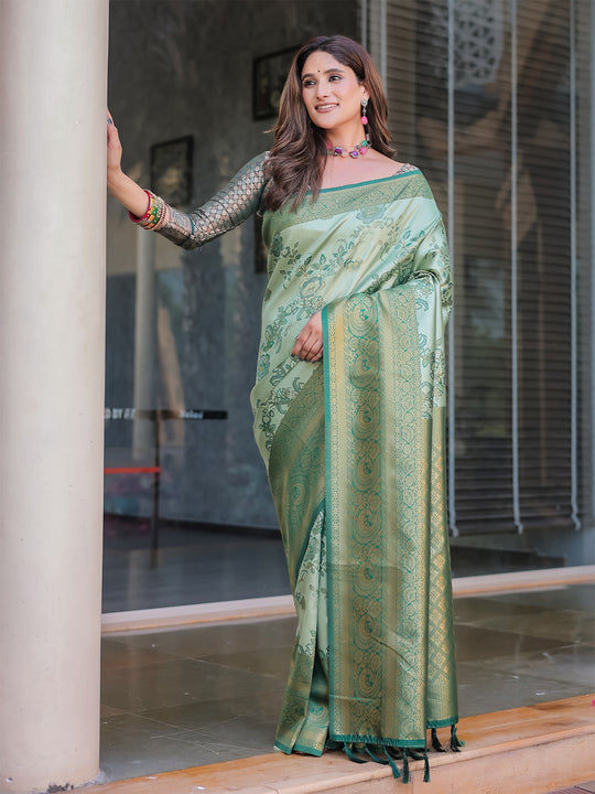 Sea Green Dharmavaram Silk Zari Woven Traditional Saree with Blouse