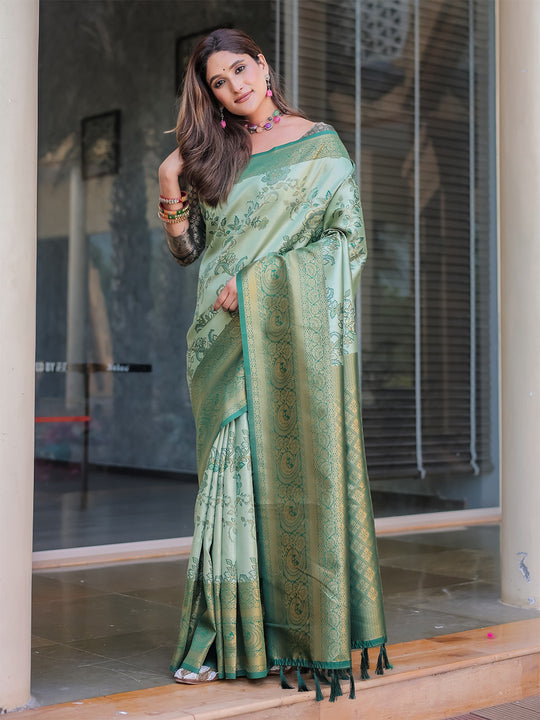 Sea Green Dharmavaram Silk Zari Woven Traditional Saree with Blouse