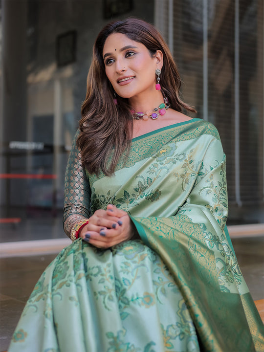 Sea Green Dharmavaram Silk Zari Woven Traditional Saree with Blouse