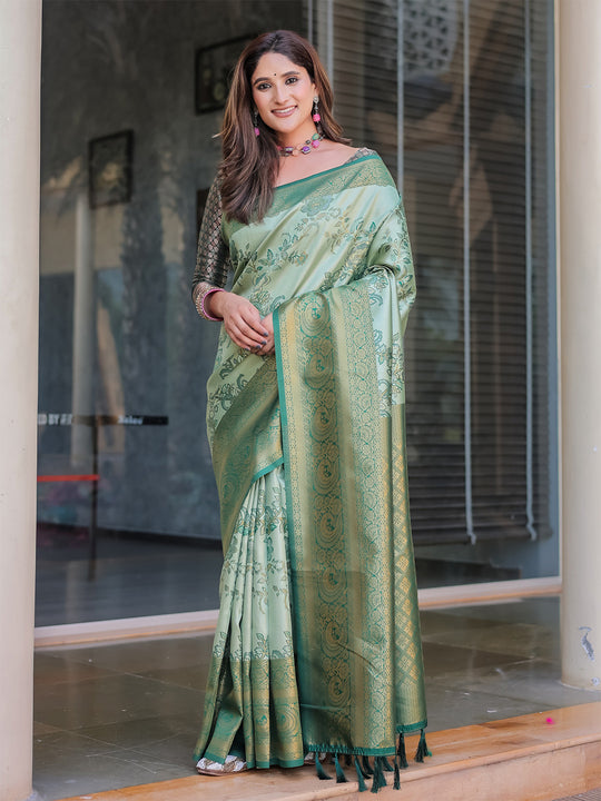 Sea Green Dharmavaram Silk Zari Woven Traditional Saree with Blouse