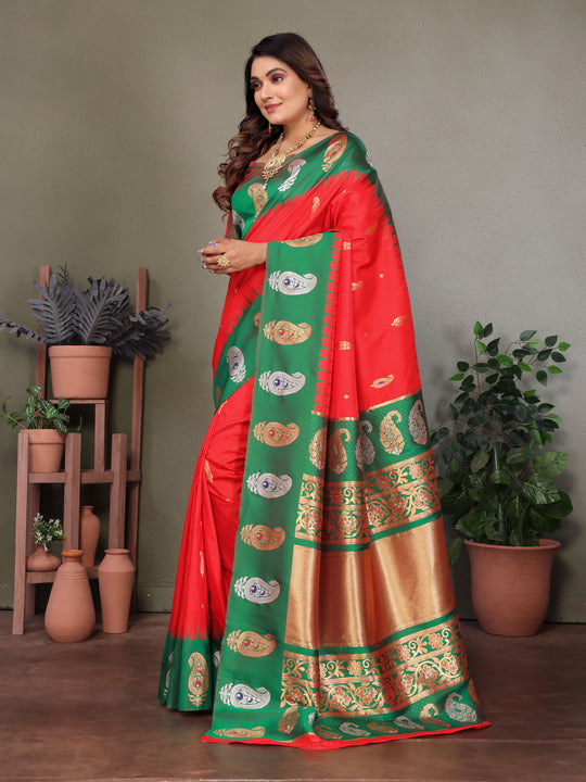 Red Soft Banarasi Silk Zari Woven Designer Saree with Blouse