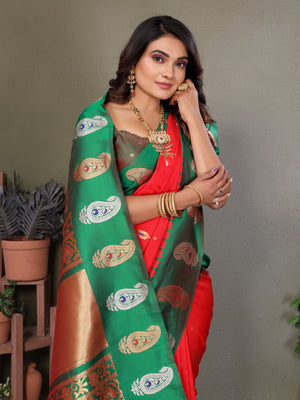 Red Soft Banarasi Silk Zari Woven Designer Saree with Blouse