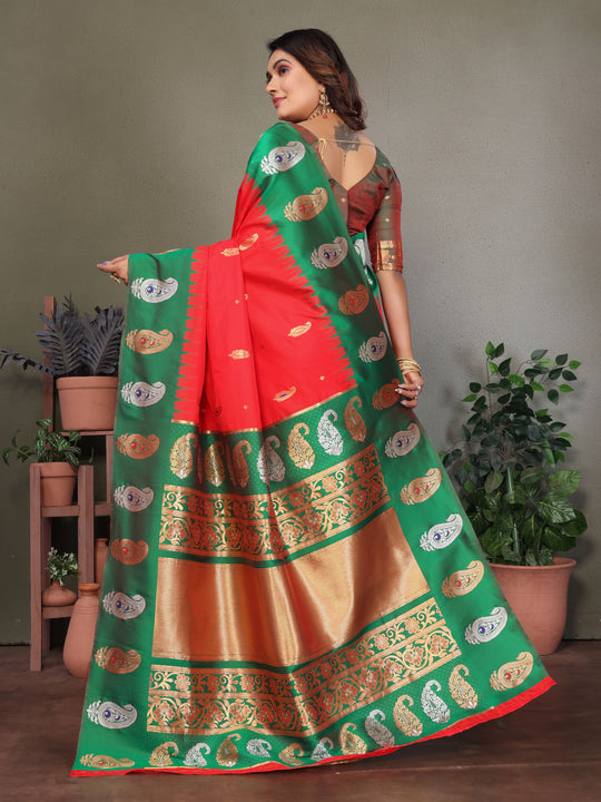 Red Soft Banarasi Silk Zari Woven Designer Saree with Blouse