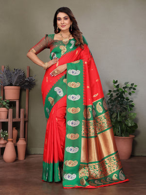 Red Soft Banarasi Silk Zari Woven Designer Saree with Blouse