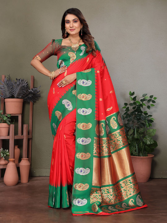 Red Soft Banarasi Silk Zari Woven Designer Saree with Blouse
