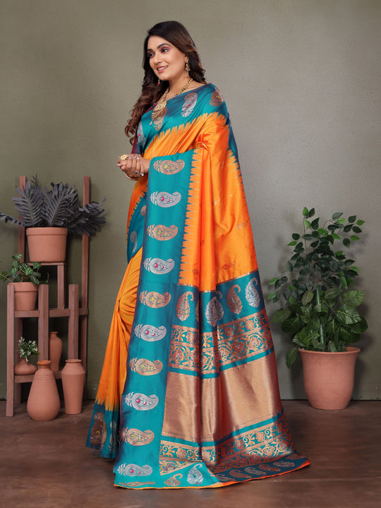 Orange Soft Banarasi Silk Zari Woven Designer Saree with Blouse