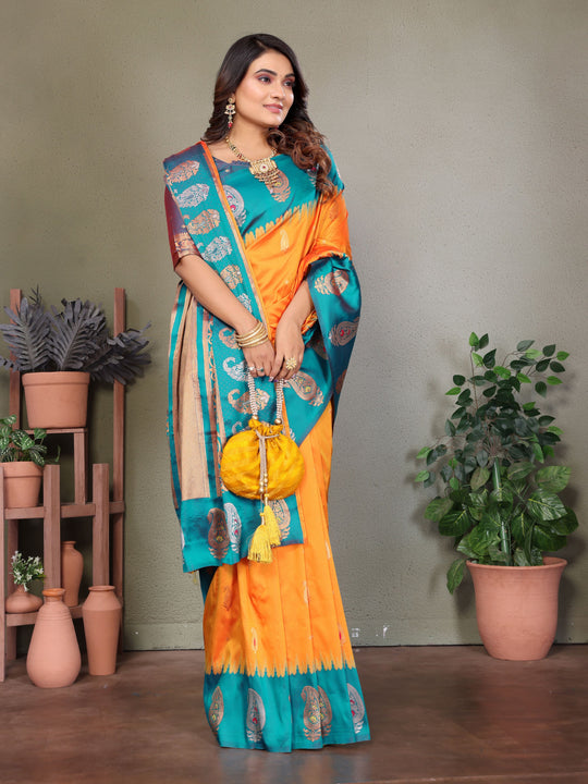 Orange Soft Banarasi Silk Zari Woven Designer Saree with Blouse