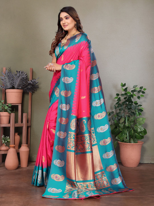 Rani Pink Soft Banarasi Silk Zari Woven Designer Saree with Blouse