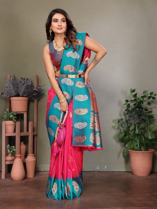 Rani Pink Soft Banarasi Silk Zari Woven Designer Saree with Blouse